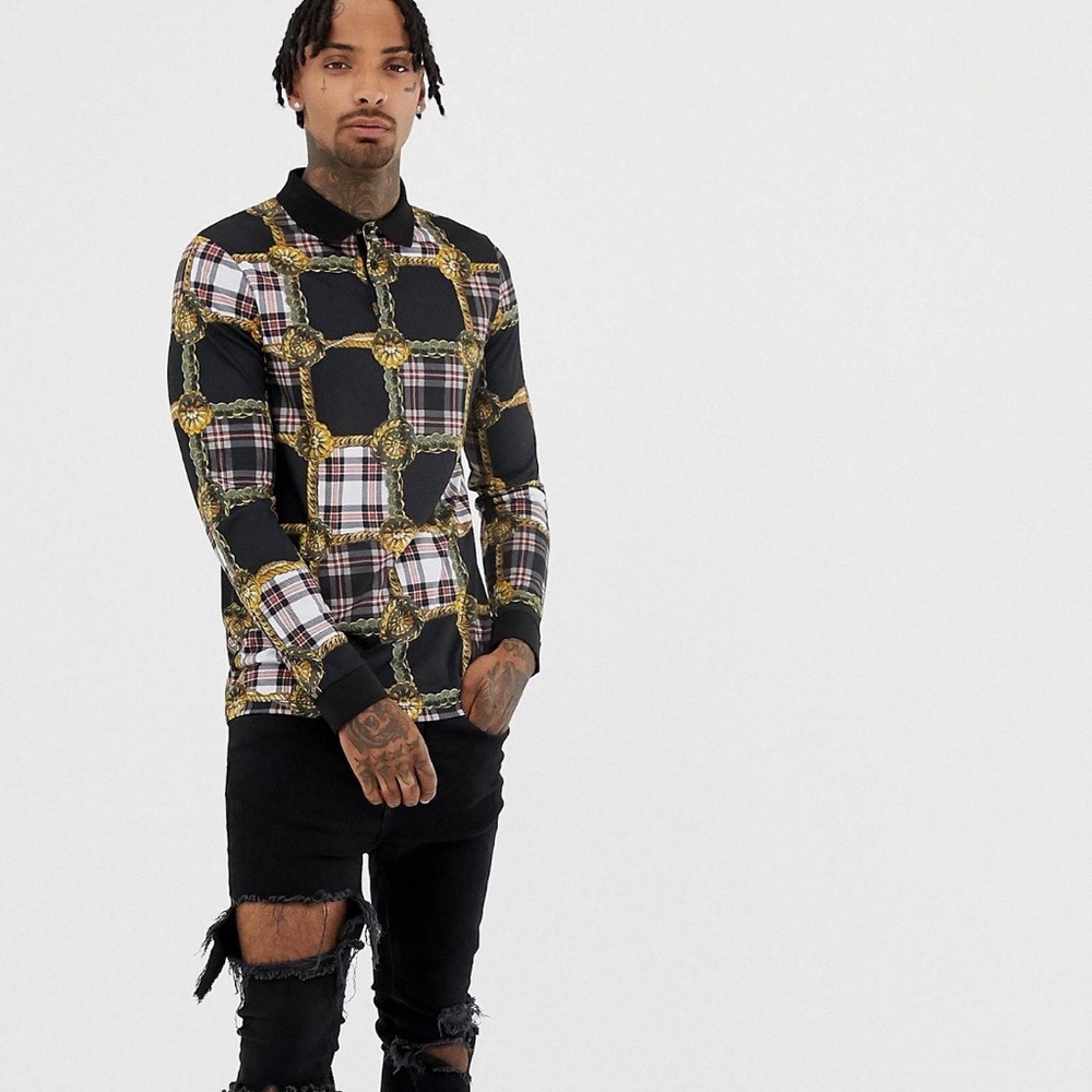 🎄LONG SLEEVE POLO WITH ALL OVER CHECK PANEL PRINT